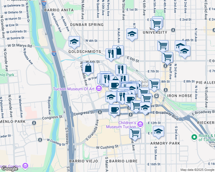 map of restaurants, bars, coffee shops, grocery stores, and more near 77 West Washington Street in Tucson