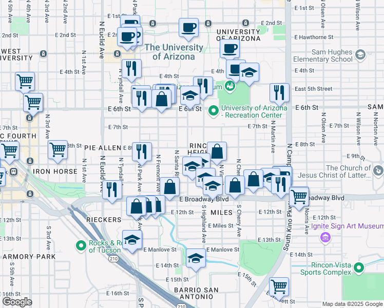 map of restaurants, bars, coffee shops, grocery stores, and more near 1312 East 8th Street in Tucson