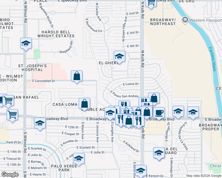 map of restaurants, bars, coffee shops, grocery stores, and more near 6847 East Paseo San Andrés in Tucson