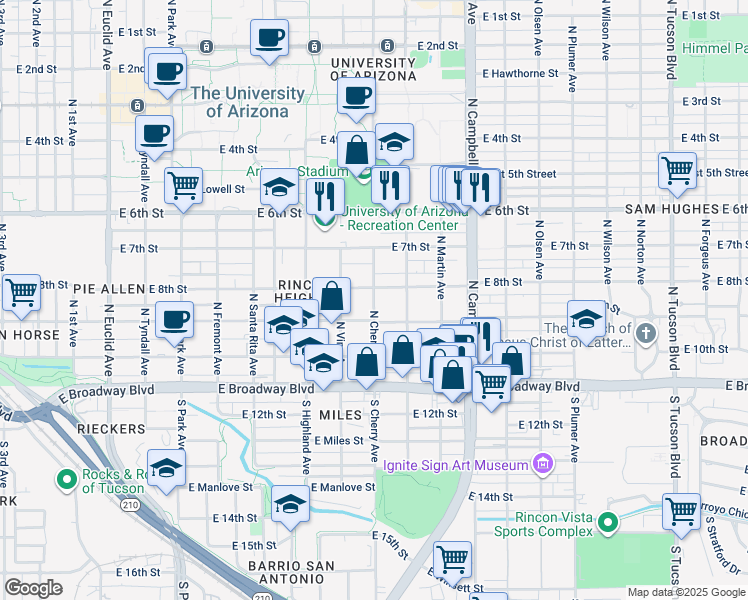 map of restaurants, bars, coffee shops, grocery stores, and more near 1612 East 8th Street in Tucson