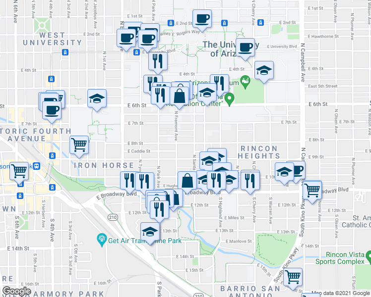 map of restaurants, bars, coffee shops, grocery stores, and more near 203 North Santa Rita Avenue in Tucson
