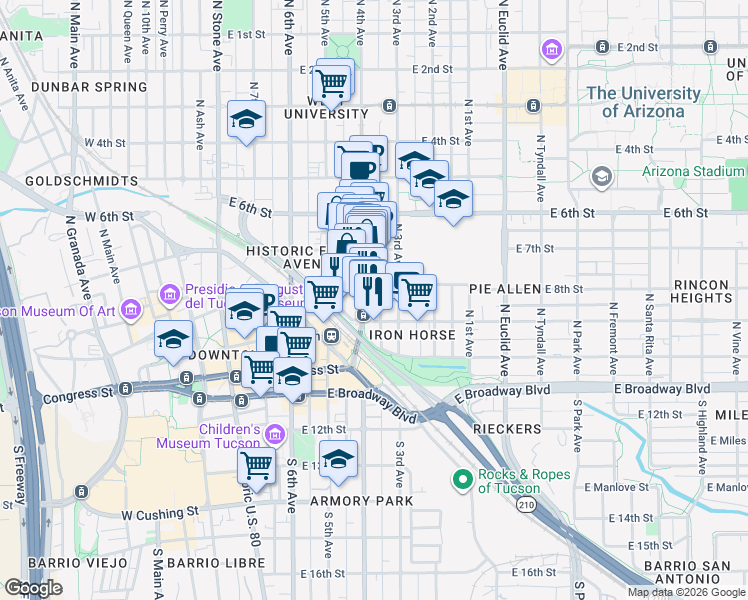 map of restaurants, bars, coffee shops, grocery stores, and more near 228 North 4th Avenue in Tucson