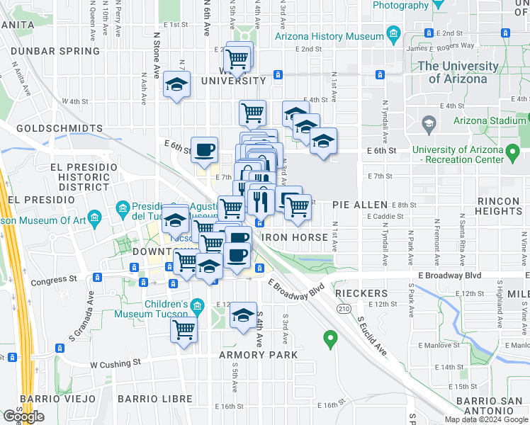 map of restaurants, bars, coffee shops, grocery stores, and more near 228 North 4th Avenue in Tucson