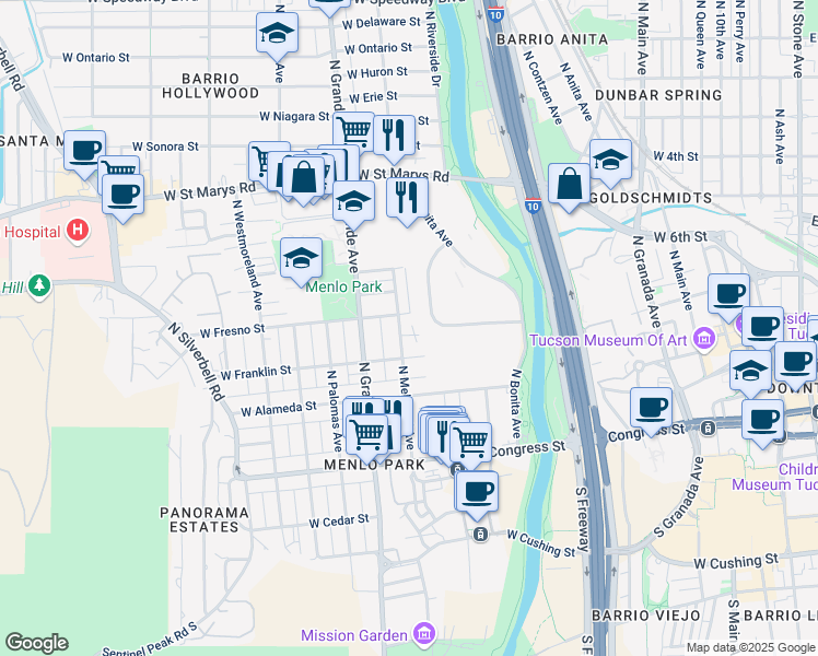 map of restaurants, bars, coffee shops, grocery stores, and more near 843 West Park Road in Tucson