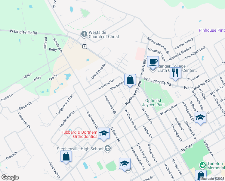 map of restaurants, bars, coffee shops, grocery stores, and more near 147 Willow Lane in Stephenville