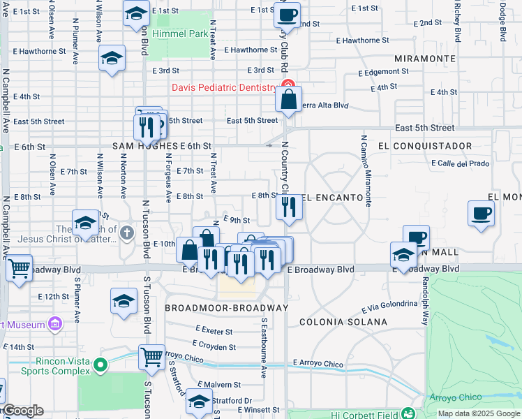 map of restaurants, bars, coffee shops, grocery stores, and more near 234 North Harris Avenue in Tucson