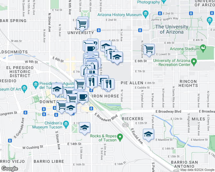 map of restaurants, bars, coffee shops, grocery stores, and more near 232 North Bean Avenue in Tucson