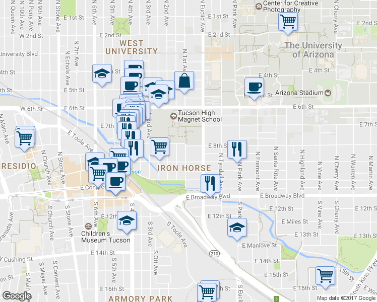 map of restaurants, bars, coffee shops, grocery stores, and more near 224 North 1st Avenue in Tucson