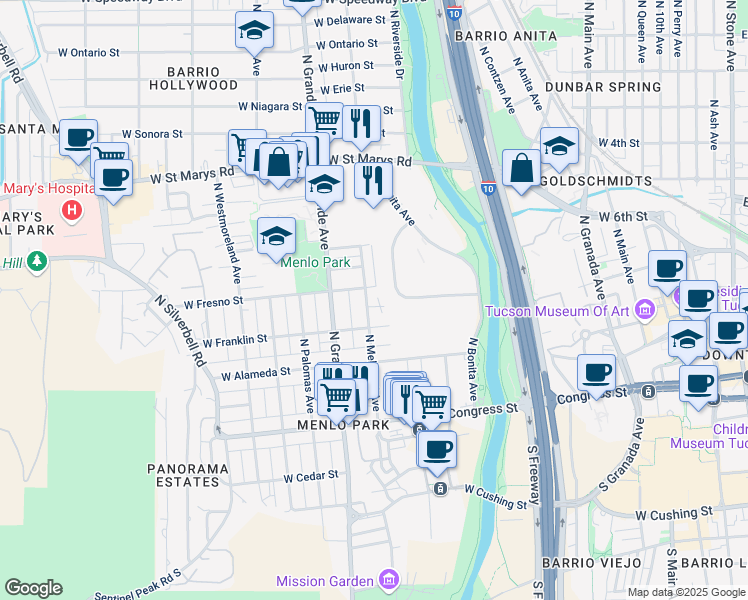 map of restaurants, bars, coffee shops, grocery stores, and more near 843 West Park Road in Tucson