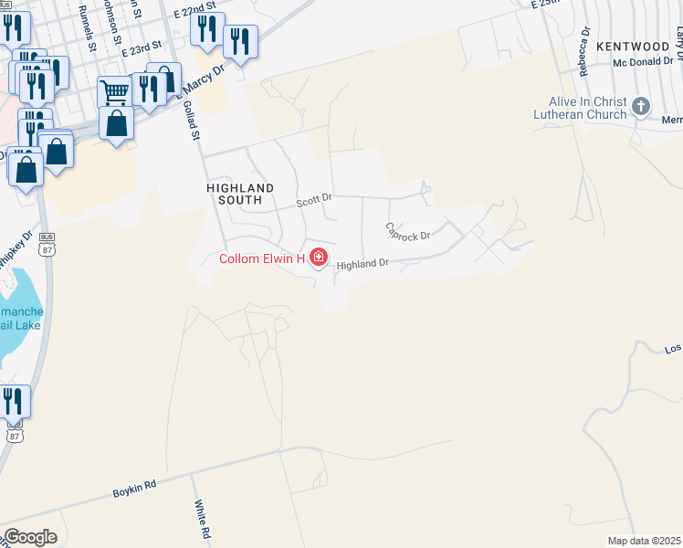 map of restaurants, bars, coffee shops, grocery stores, and more near 704 Highland Drive in Big Spring
