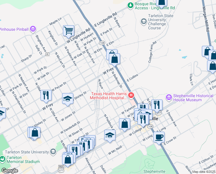 map of restaurants, bars, coffee shops, grocery stores, and more near 746 North Barton Avenue in Stephenville