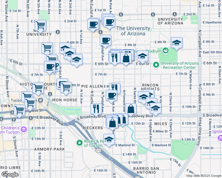 map of restaurants, bars, coffee shops, grocery stores, and more near 225 North Park Avenue in Tucson