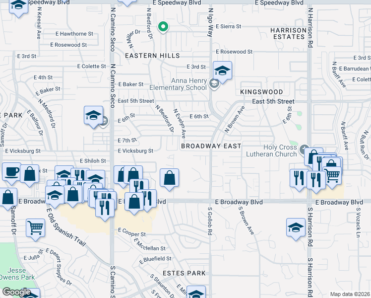 map of restaurants, bars, coffee shops, grocery stores, and more near 9006 East 8th Street in Tucson