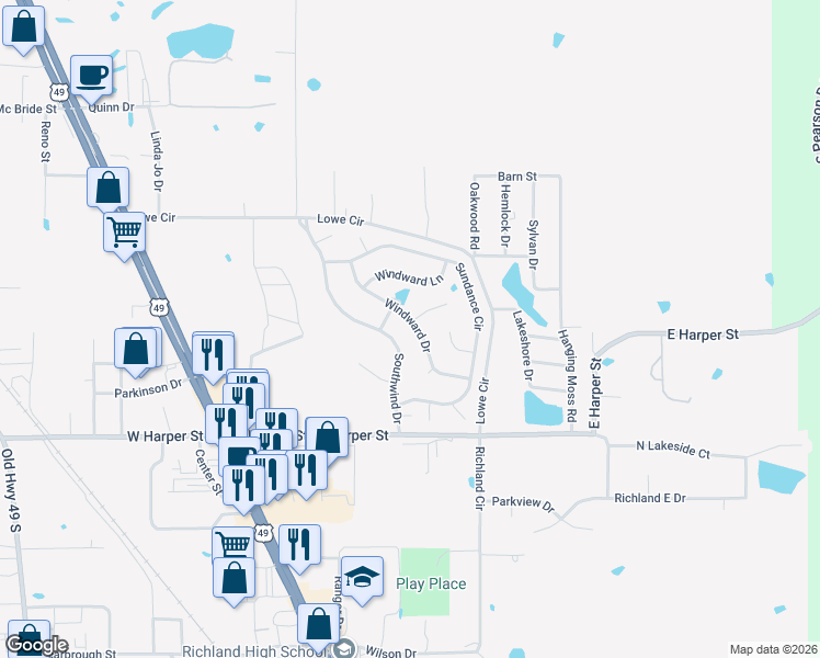 map of restaurants, bars, coffee shops, grocery stores, and more near 845 Windward Drive in Richland