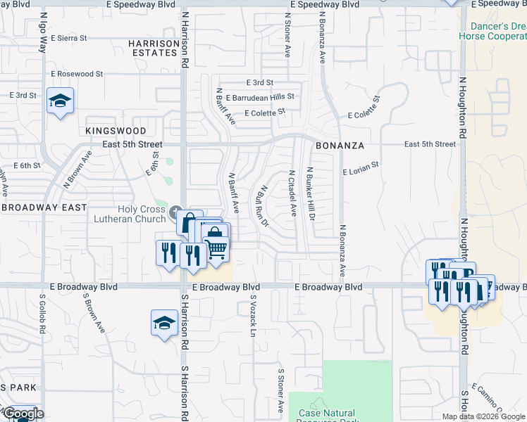 map of restaurants, bars, coffee shops, grocery stores, and more near 301 North Bull Run Drive in Tucson
