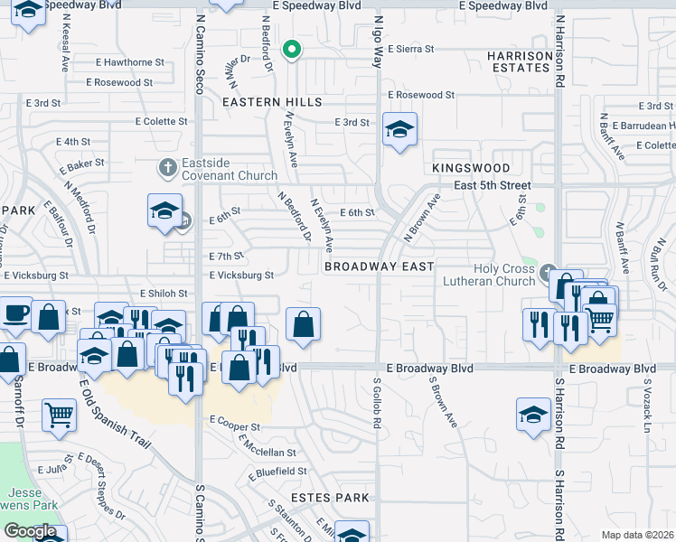 map of restaurants, bars, coffee shops, grocery stores, and more near 9006 East 8th Street in Tucson