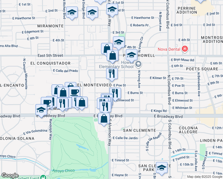map of restaurants, bars, coffee shops, grocery stores, and more near 3855 East Calle Cortez in Tucson