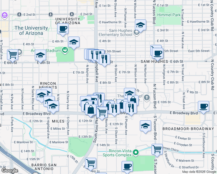 map of restaurants, bars, coffee shops, grocery stores, and more near 217 North Olsen Avenue in Tucson