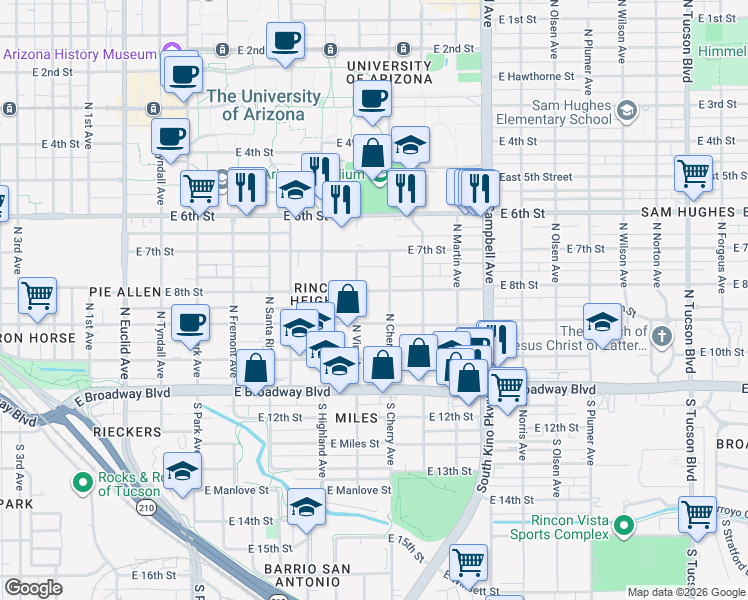 map of restaurants, bars, coffee shops, grocery stores, and more near 220 North Vine Avenue in Tucson