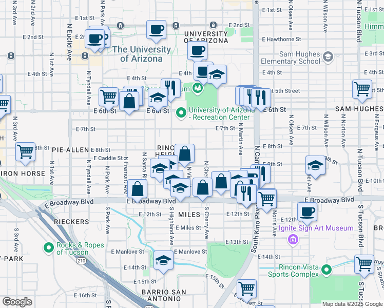 map of restaurants, bars, coffee shops, grocery stores, and more near 220 North Vine Avenue in Tucson