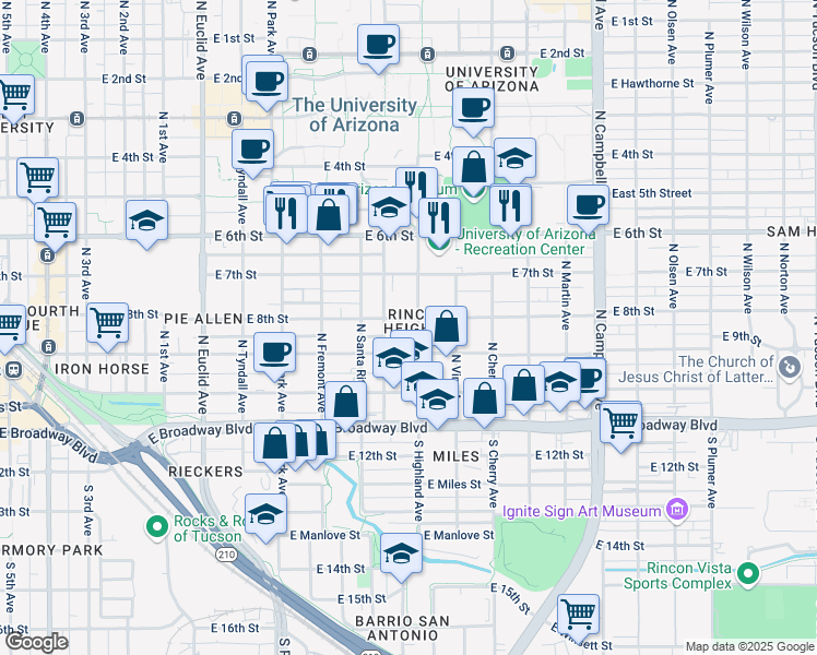 map of restaurants, bars, coffee shops, grocery stores, and more near 1312 East 8th Street in Tucson