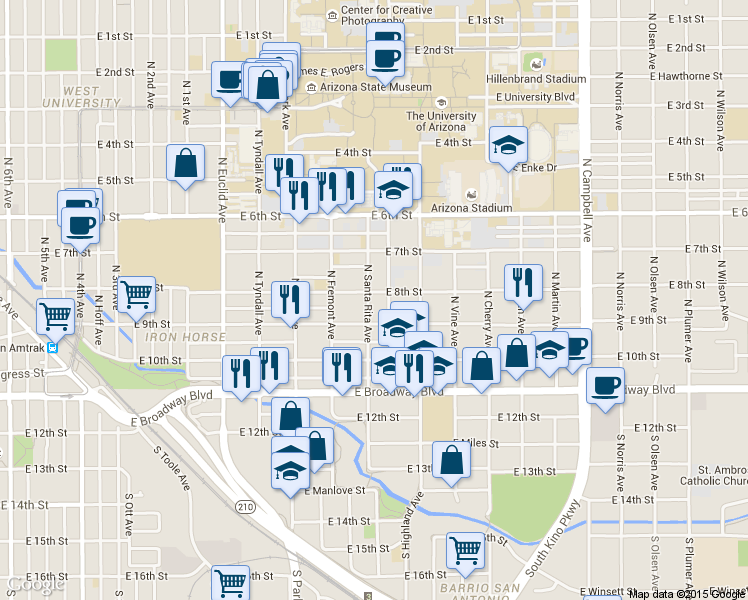 map of restaurants, bars, coffee shops, grocery stores, and more near 203 North Santa Rita Avenue in Tucson