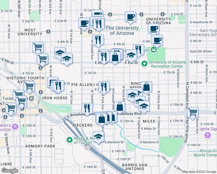 map of restaurants, bars, coffee shops, grocery stores, and more near 1050 East 8th Street in Tucson