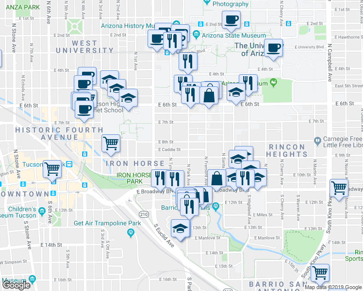 map of restaurants, bars, coffee shops, grocery stores, and more near in Tucson