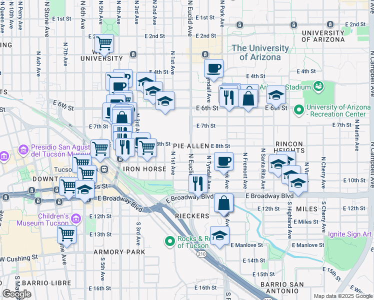map of restaurants, bars, coffee shops, grocery stores, and more near in Tucson