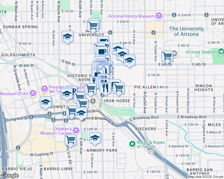 map of restaurants, bars, coffee shops, grocery stores, and more near 218 North 3rd Avenue in Tucson