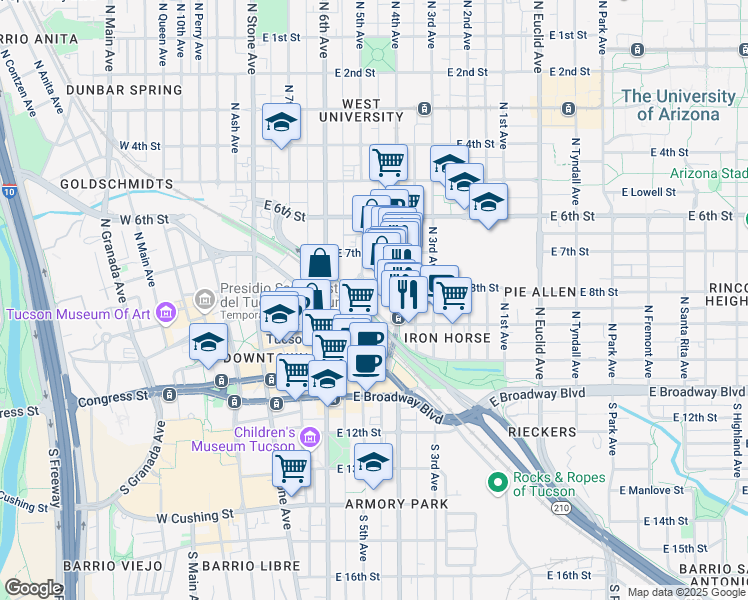 map of restaurants, bars, coffee shops, grocery stores, and more near 260 East 8th Street in Tucson
