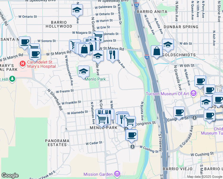 map of restaurants, bars, coffee shops, grocery stores, and more near 231 North Melwood Avenue in Tucson