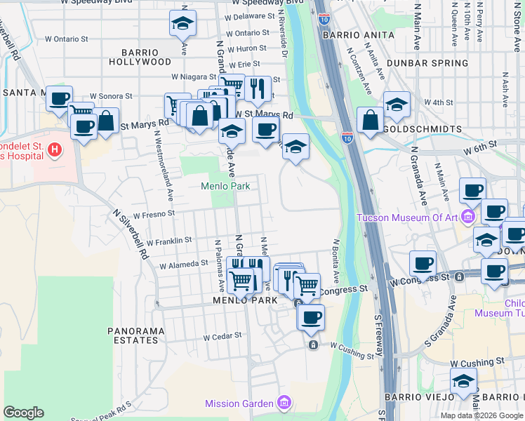 map of restaurants, bars, coffee shops, grocery stores, and more near 231 North Melwood Avenue in Tucson