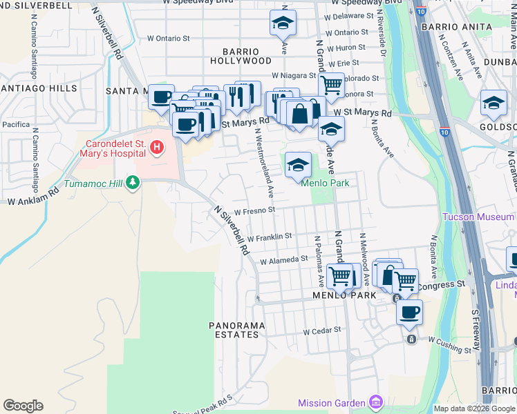 map of restaurants, bars, coffee shops, grocery stores, and more near in Tucson