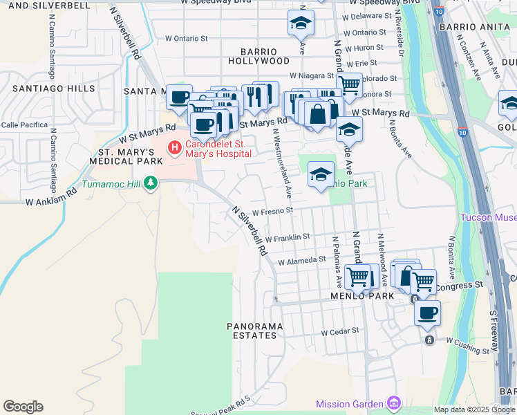 map of restaurants, bars, coffee shops, grocery stores, and more near 1430 West Fresno Street in Tucson