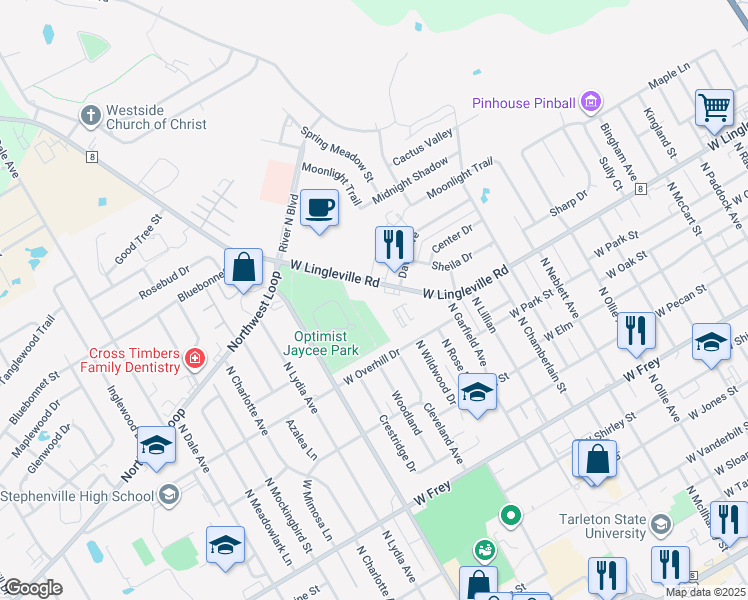 map of restaurants, bars, coffee shops, grocery stores, and more near 1690 West Lingleville Road in Stephenville