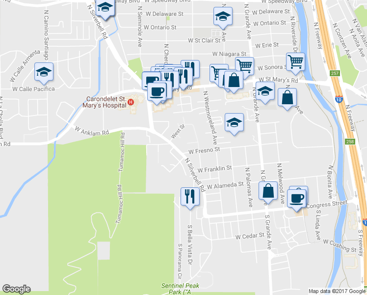map of restaurants, bars, coffee shops, grocery stores, and more near 1442 West Fresno Street in Tucson