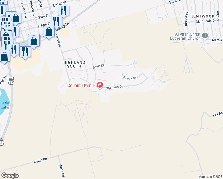 map of restaurants, bars, coffee shops, grocery stores, and more near 704 Highland Drive in Big Spring