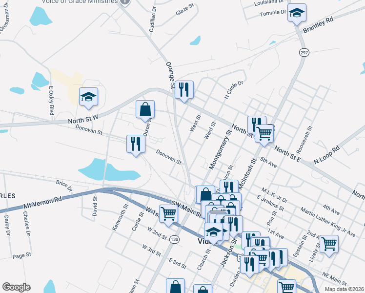 map of restaurants, bars, coffee shops, grocery stores, and more near 401 Orange Street in Vidalia
