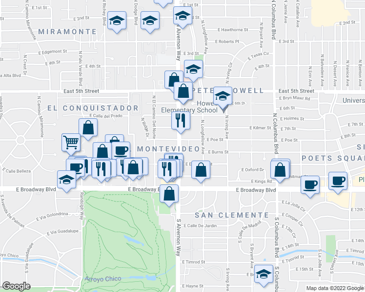 map of restaurants, bars, coffee shops, grocery stores, and more near 214 North Alvernon Way in Tucson