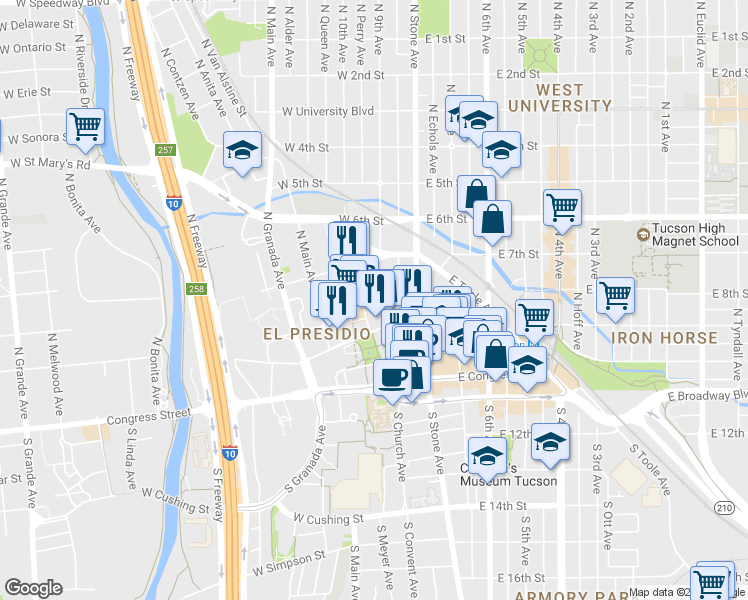 map of restaurants, bars, coffee shops, grocery stores, and more near 15 W Washington St in Tucson
