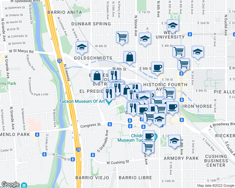 map of restaurants, bars, coffee shops, grocery stores, and more near 233 North Court Avenue in Tucson