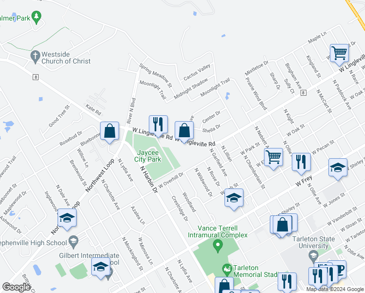 map of restaurants, bars, coffee shops, grocery stores, and more near 1660 West Lingleville Road in Stephenville