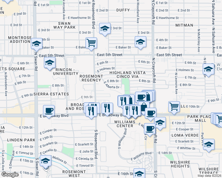 map of restaurants, bars, coffee shops, grocery stores, and more near 5204 East Alberta Drive in Tucson