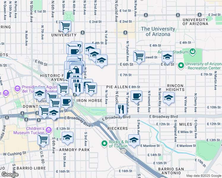 map of restaurants, bars, coffee shops, grocery stores, and more near 720 East 8th Street in Tucson