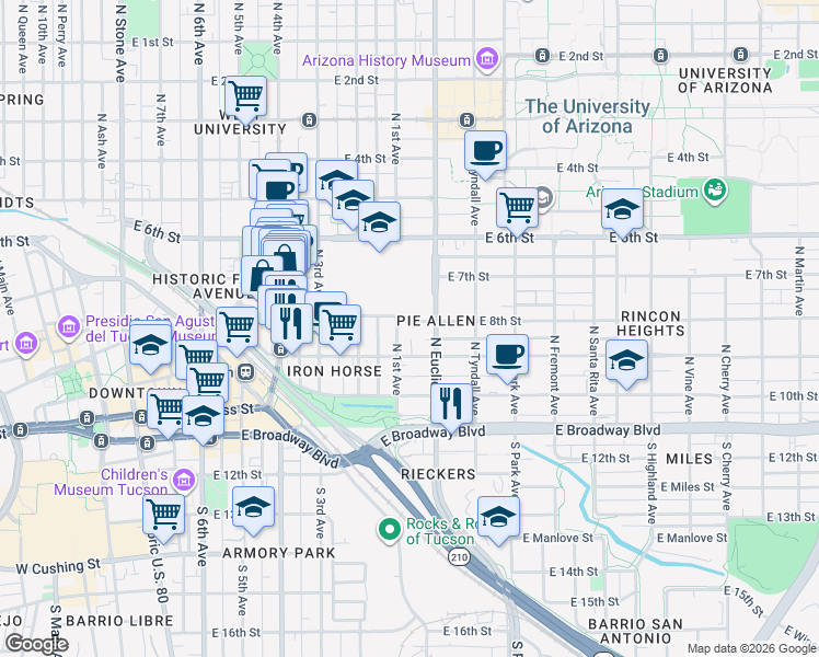 map of restaurants, bars, coffee shops, grocery stores, and more near 716 East 8th Street in Tucson