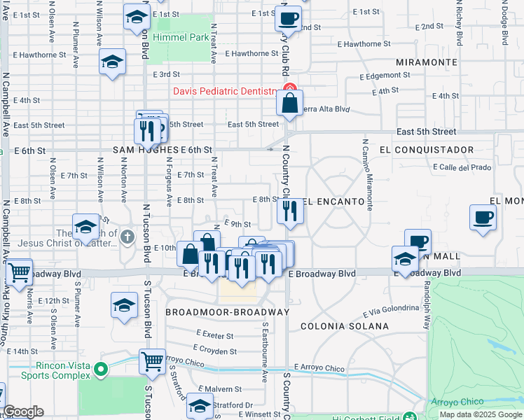 map of restaurants, bars, coffee shops, grocery stores, and more near 234 North Harris Avenue in Tucson
