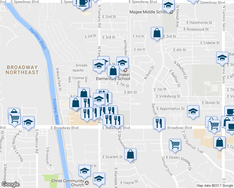 map of restaurants, bars, coffee shops, grocery stores, and more near 8042 East 8th Street in Tucson
