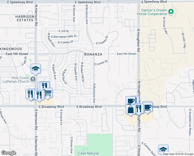 map of restaurants, bars, coffee shops, grocery stores, and more near 246 North Bonanza Avenue in Tucson