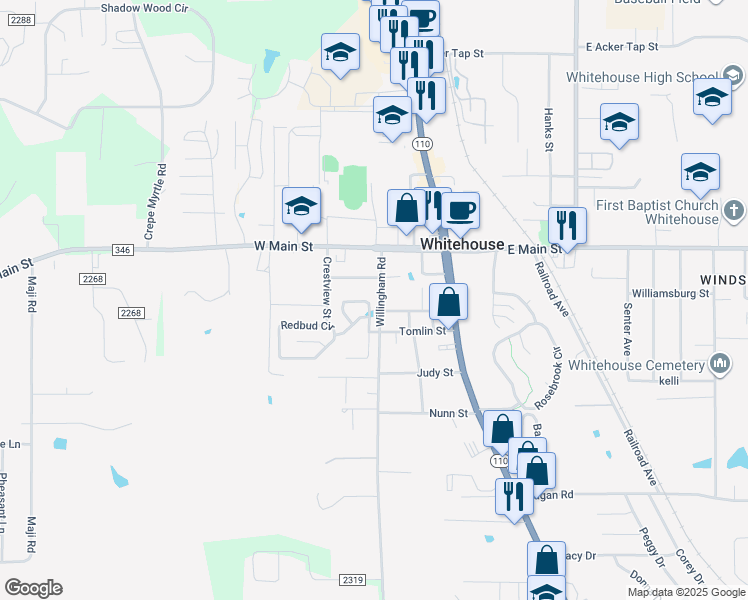 map of restaurants, bars, coffee shops, grocery stores, and more near 229 Willowbrook Lane in Whitehouse